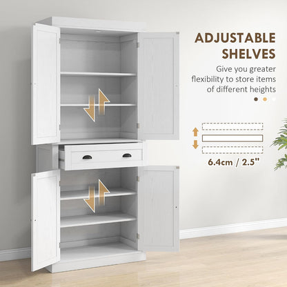 72.5" Kitchen Pantry Cabinet, Traditional Freestanding Storage Cabinet with 4 Doors, Drawer and 3 Adjustable Shelves for Dining Room, White Wood Grain