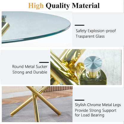 Round Glass Dining Table Set for 4, Small Kitchen Table Set for 4, 47" Circle Gold Glass Dinner Table for 4 with Beige Velvet Chairs, 5 Piece Dining Room Table Set for 4 for Breakfast Dinette Cafe