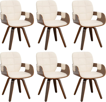 Dining Chairs Set of 6, 360° Swivel Faux Leather Dining Room & Kitchen Chairs with Arms, Ergonomic Curved Back, 19.7" Seat Height, Bentwood Solid Wood Frame, Walnut Finish, Mid-Century Modern, Beige