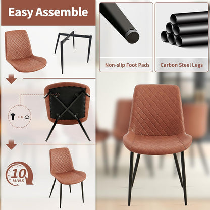PU Leather Dining Chairs Set of 6, Modern Armless Dining Room Chairs, Comfy Upholstered Kitchen Chairs with Backrest, Black Metal Legs for Living Room, Dinning Room, Brown