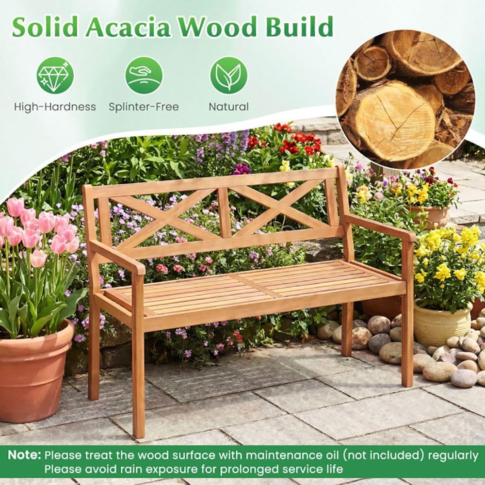 2-Person Acacia Wood Garden Chair Armrests Backrest 44in Seat Width 800lb Capacity for Patio