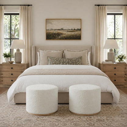 Spatial Order 22" Round Ottoman with Wooden Base - Cream Textural Fabric