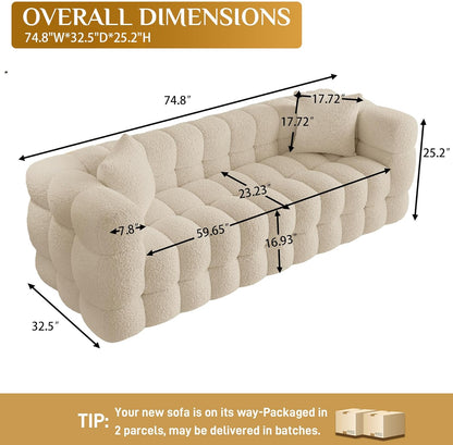 Wrofly Boucle Sofa Couch, 74.8" Comfy Upholstered Sherpa Sofa, Tufted Cozy 3-Seater Deep Seat Cloud Couch, Modern Oversized Loveseat with 2 Pillows for Living Room Apartment Office, Light Brown