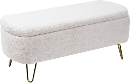 Ottoman with Storage, Small Boucle Storage Ottoman Bench,Upholstered Entryway End of Bed Bench with Cushion and Gold Legs for Bedroom Living Room, Ivory