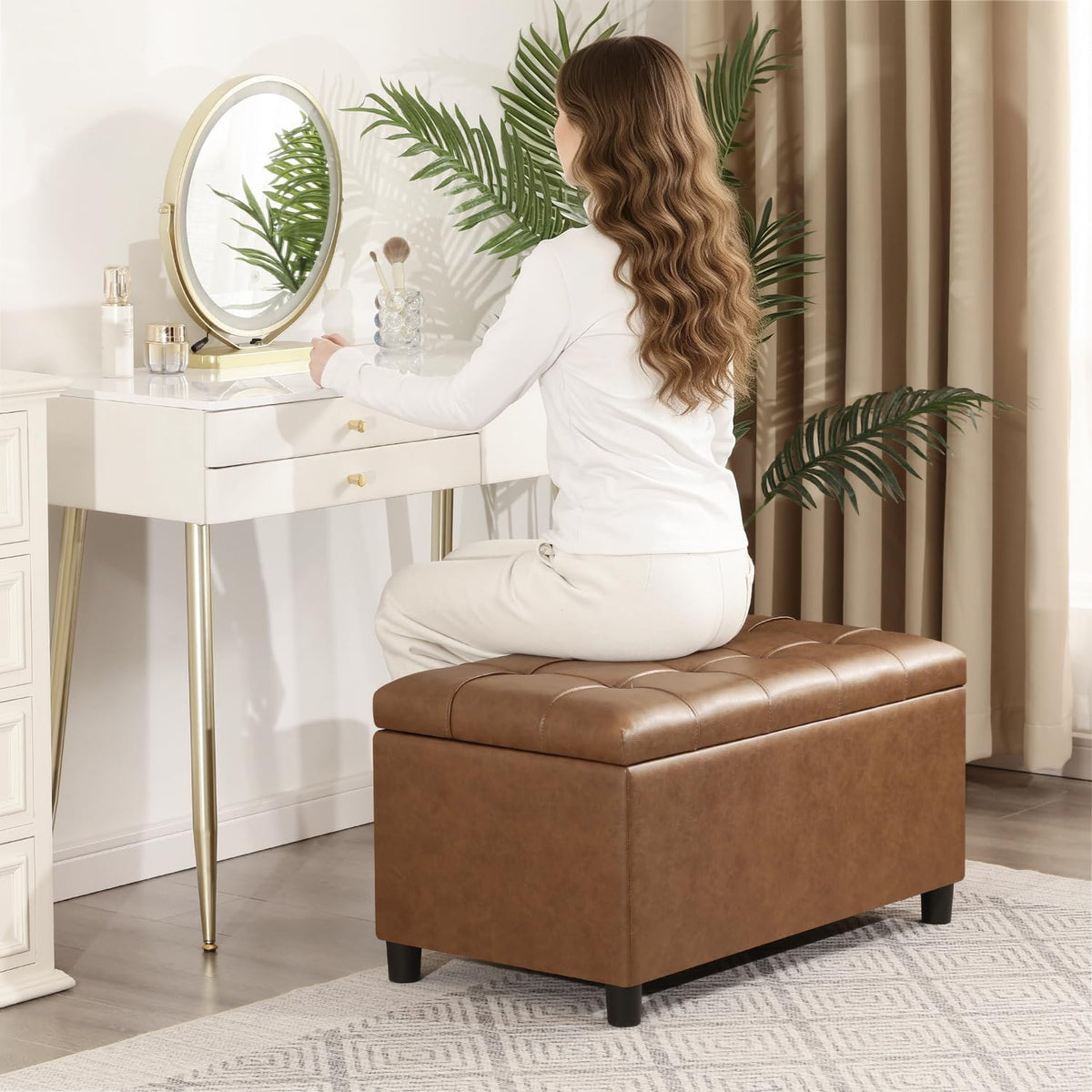 Joveco Storage Ottoman Bench, 32 Inches Faux Leather Rectangle Tufted Foot Stool for End Foot of Bed, Bedroom, Living Room,Warm Golden Brown