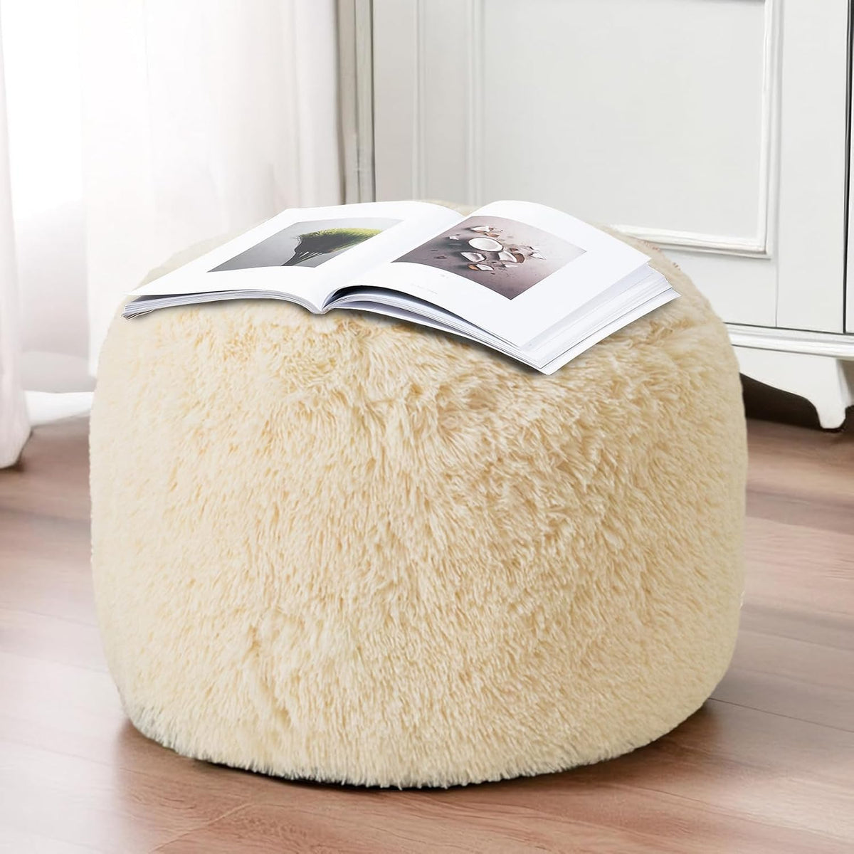 HIGOGOGO Round Stuffed Pouf Ottoman, Long Faux Fur Poufs with Foam Chunk Filling, Fluffy and Furry Pouf Foot Stool Storage Ottoman, 20 X 15 Floor Poufs Foot Rest for Living Room, Beige