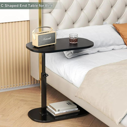 C-Shaped End Table - Height Adjustable (23.5"-31.5"), 16"x12" Oval Top w/Lower Shelf, Industrial Side Table Space-Saving Side Table for Living Room, Bedroom (Black)