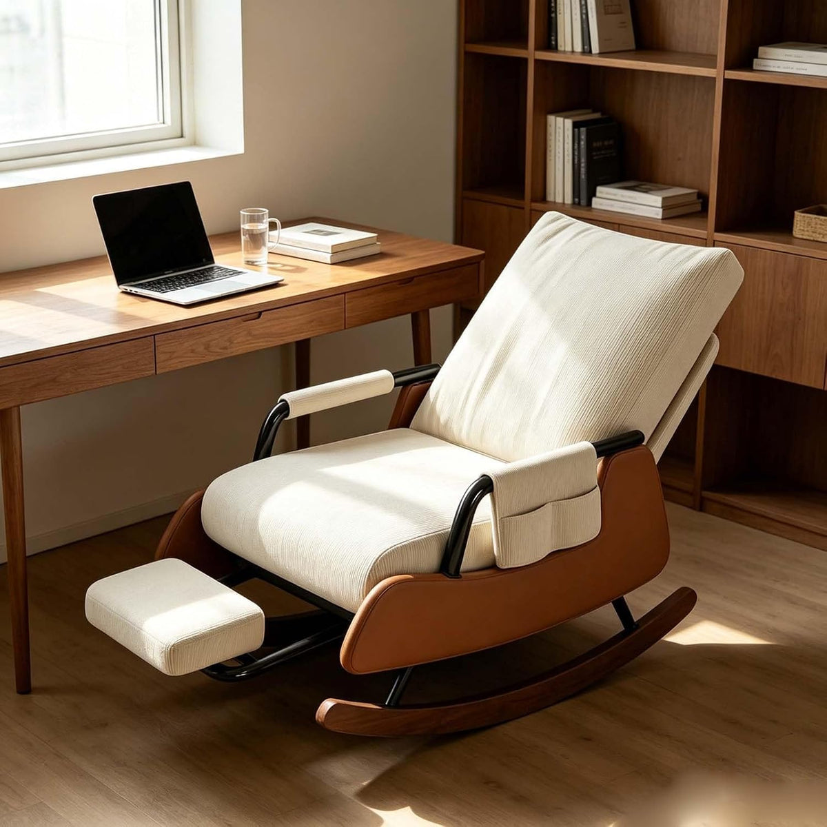 Ergonomic Folding Rocking Chair with Footrest,Folding Rocking Chair | Single Lazy Relax Chair with Arm Storage Pocket for Reading Napping Lounging