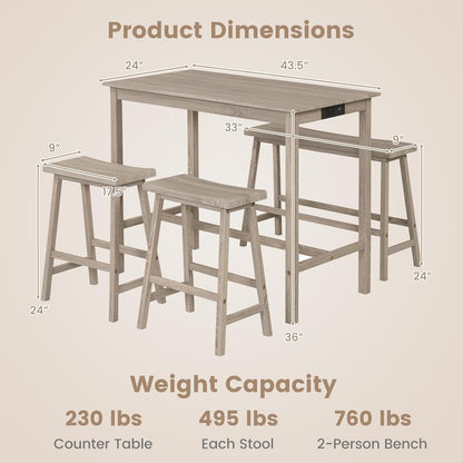 Giantex 4-Piece Counter Height Dining Table Set with Power Outlet, Solid Rubber Wood Kitchen Table with Saddle Backless Bench & 2 Stools, Space-Saving Bar Table Set for Breakfast Nook (Light Gray)