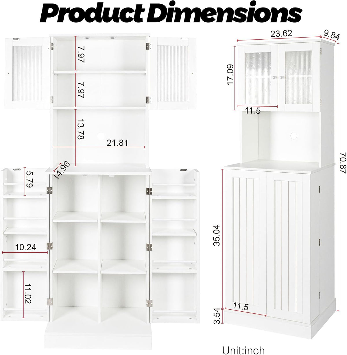 HRVEOCEI Tall Pantry Cabinet with Doors and Adjustable Shelves, 71'' Freestanding Kitchen Cabinet Storage with Microwave Stand, White Food Pantry Cabinet & Cupboard for Kitchen, Dining Room, Wood