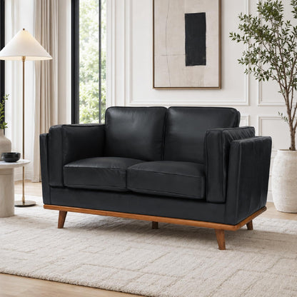 Valencia Artisan Full Leather Loveseat Sofa 66”| Pure Full Italian Nappa Leather Couch, Solid Wood Accent, Ultimate Comfort, Black