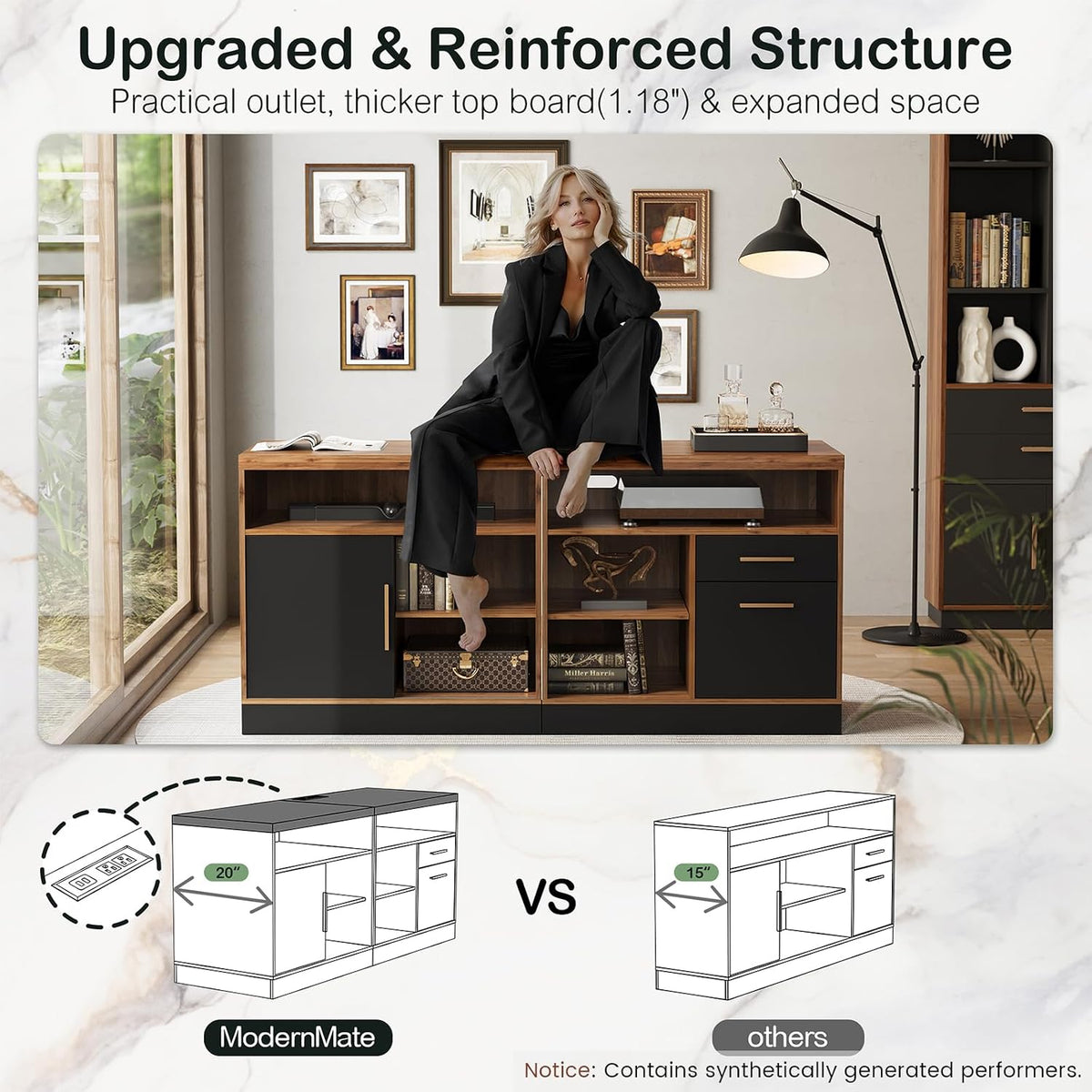 ModernMate 63" Lateral File Cabinet with Lock,2-Drawer Home Office Storage | File Cabinets for A4 / Letter Documents, Wide Credenza w/ Built-in Power Outlet, Fashion TV Stand Organizer, Black Walnut