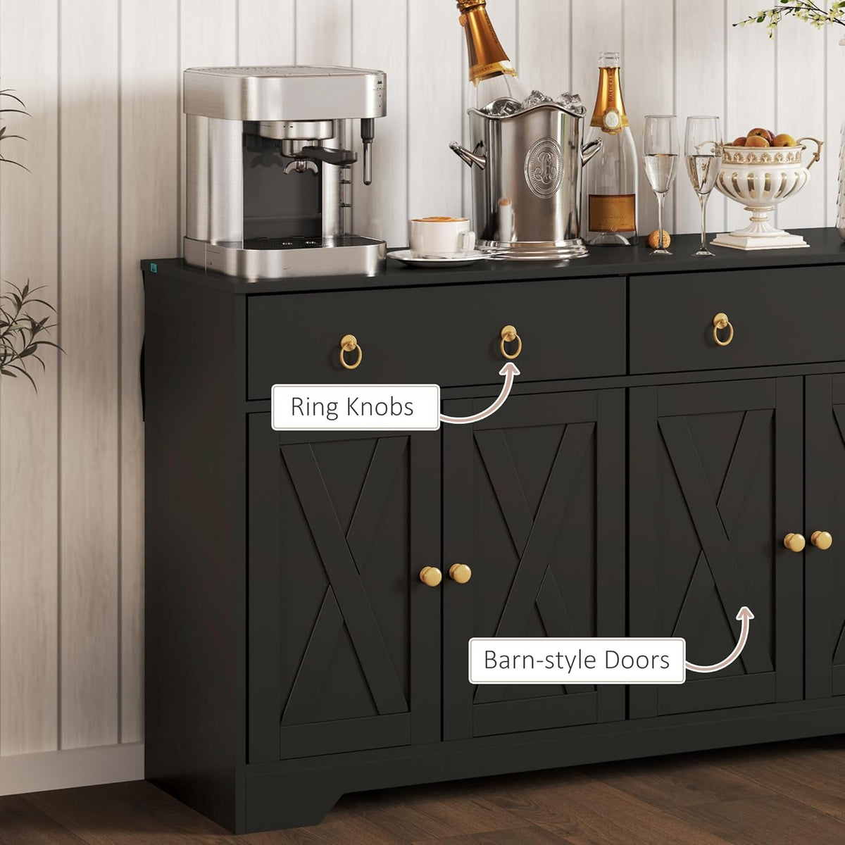 HOMCOM 48" Sideboard Buffet with Storage, Kitchen Storage Cabinet with 2 Drawers and 4 Barn Doors, Farmhouse Coffee Bar Cabinet with Adjustable Shelves, Black