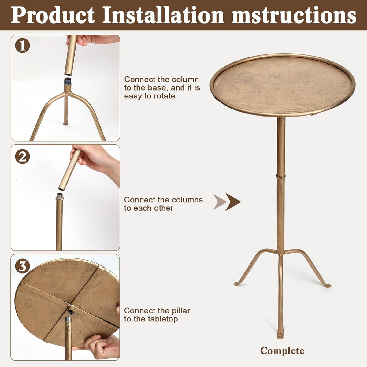 Metal Martini Side Table, Antique Brass – Compact Art Deco Design, Raised Edge, Easy Assembly, 12.5" Diameter, 27.5" Height, Stylish and Functional Cocktail Table