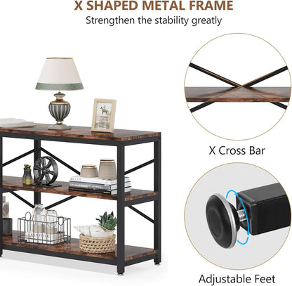 Tribesigns 70.9 Inch Extra Long Console Table, Modern Sofa Table Behind Couch Table with Storage Shelves, 3-Tier Industrial Hallway Entryway Table for Living Room, 3 Shelf Bookshelf(Brown)