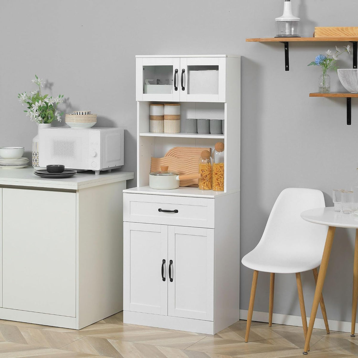 63.5in Premium Elegant 4-Door White Freestanding Kitchen Buffet Cabinet with Hutch Adjustable Shelves & Coffee Bar Modern Design
