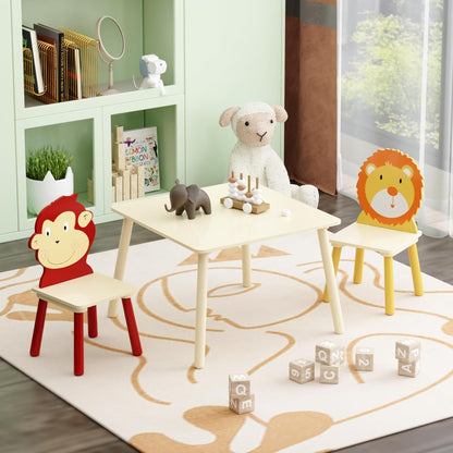 3 Pieces Toddler Table and Chair Set, Lion & Monkey Pattern Solid Wood Legs Heavy Duty Boys and Girls Activity Play Table and 2 Chairs Furniture for Playroom Daycare Kindergarten