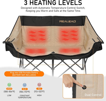 REALEAD Heated Double Camping Chair - Heated Loveseat Camping Chairs for Adults with 3 Heat Levels and 4 Heating Zones - Oversized Heated Chairs Outdoor Sports Supports 650 lbs Battery NOT Included