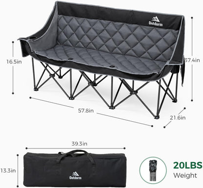 Padded 3 Person Camping Chair Oversized Camping Couch, Heavy Duty Folding Double Camping Chair, Extra Wide Camping Loveseat with Cup Holder & Side Pockets for Camping & Lawn, Supports 660LBS Black