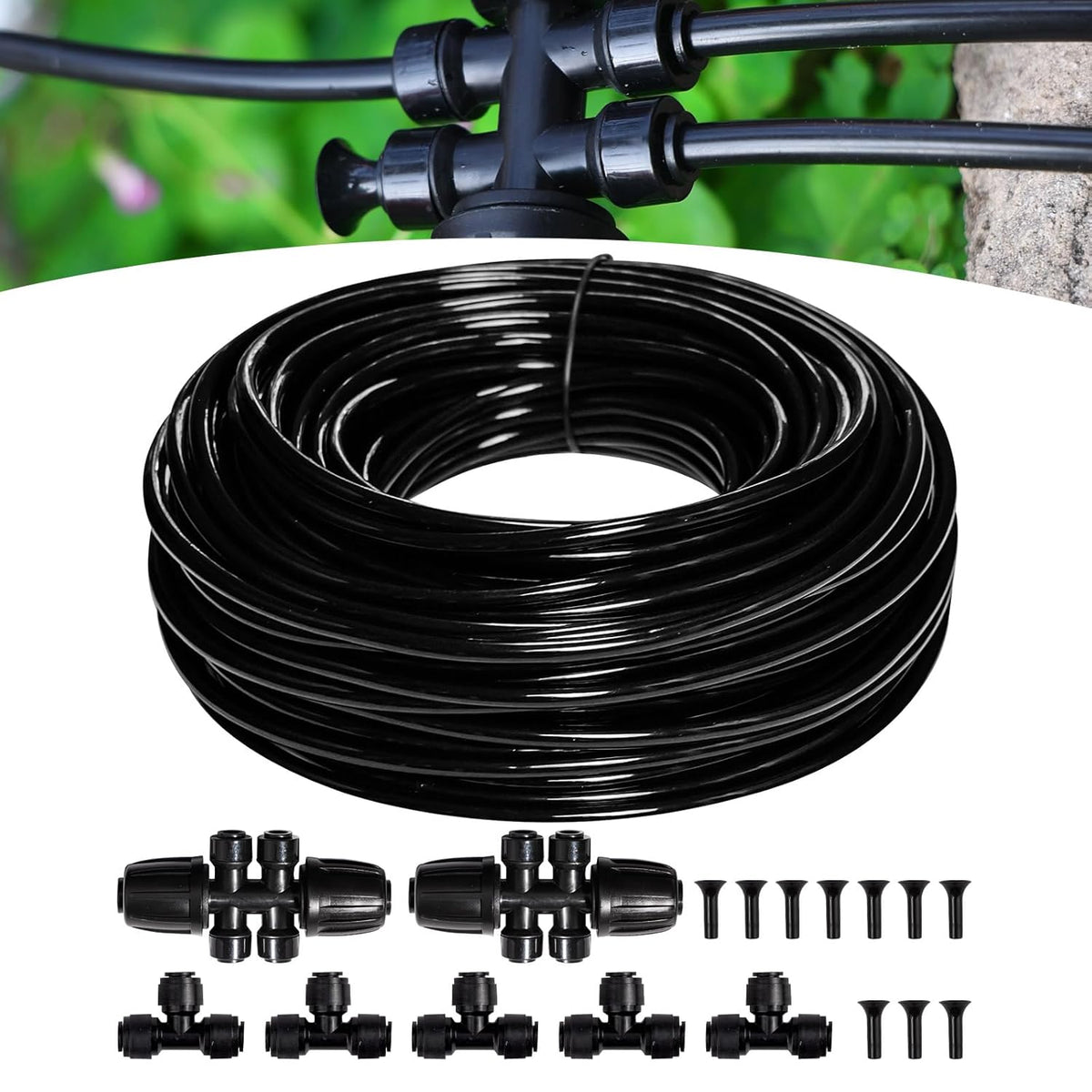 100FT 1/4 inch New Quick-Connect Drip Irrigation Kit Distribution Hose Tubing for Garden Irrigation System (Includes 2 Pcs 6-Way Connector, 5 Pcs 1/4" Tee and 10 Pcs End Plugs)