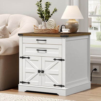 RALGEND Farmhouse End Table with Charging Station, 24'' Sofa Side Table with 2 Drawers and Barn Door, Large Rustic Wooden Square Nightstand for Bedroom, Living Room, White and Walnut