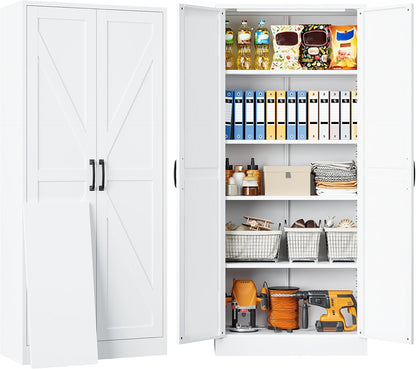 SISESOL 61" Tall Pantry Cabinet,Farmhouse Kitchen Pantry Storage Cabinets with 2 Doors and 5 Shelves,White Metal Storage Cabinet,Large Cupboard for Home,Kitchen,Dining/Living Room