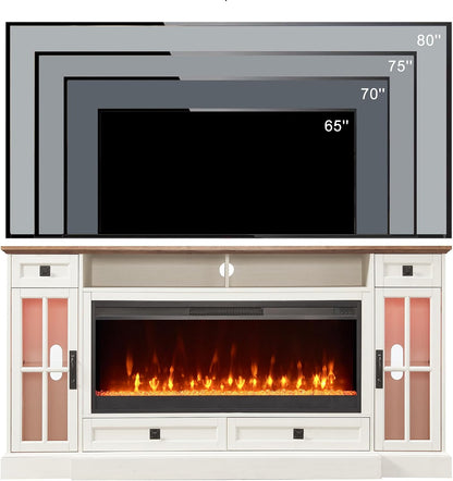 OKD 70" Farmhouse Fireplace TV Stand for 80 Inch TV, Antique White | 42" Crystal Fireplace, LED Lights, Storage Drawers, Glass Cabinets, Adjustable Shelves, Modern Highboy, for Living Room