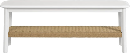 Alaterre Furniture Calais 48 Inch Solid Wood Entryway Bench with Woven Storage Shelf – Mid Century Modern 2-Tier Shoe Bench for Living Room, Hallway or Foyer (White)