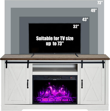 AMERLIFE 5-Piece Farmhouse Table Set Includes Fireplace TV Stand, Coffee Table& Two End Tables with Charging Station and USB Ports, for Living Room, Distressed White, 63"