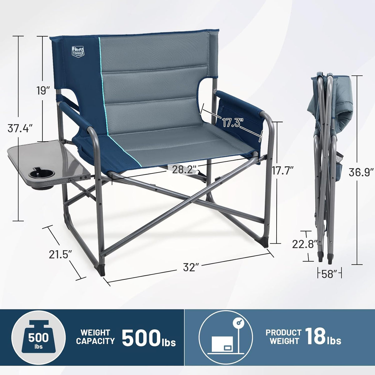TIMBER RIDGE XXL Director’s Chair – Heavy Duty Folding Chair with Side Table, 500 lb Capacity, Extra Wide Padded Seat for Camping, Sports, Beach, Patio, and Outdoor Use, Blue-2 Pack