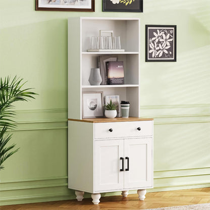 DSHADE Farmhouse Pantry Cabinet with 4 Solid Wood Gourd-Shaped Legs, Modern Kitchen Cabinet with Adjustable Shelves, 5 Tier Bookshelf with Drawer for Living Room, White