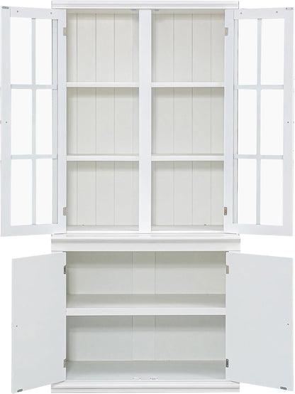 Havemies 36” Wide Freestanding Pantry with Glass Lattice Door, 75” Tall Farmhouse Kitchen Cabinet for Dishes, Linens & Storage, White Finish