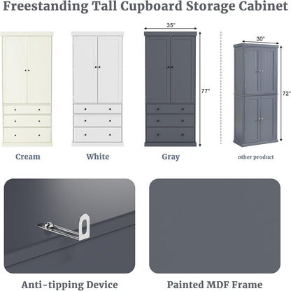 RuiSiSi Farmhouse Kitchen Pantry, 77inch Freestanding Tall Cupboard Storage Cabinet with 3 Adjustable Shelves, 8 Door Shelves, 3 Drawers for Kitchen Dining Room Living Room, Gray