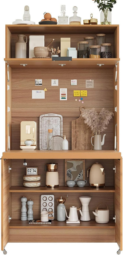 Farmhouse Pantry Cabinet with Foldable Workstation, 69" Tall Buffet with Hutch and Storage, Multifunctional Kitchen Cabinet with Adjustable Shelf and Power Outlet for Dining Room (Natural)