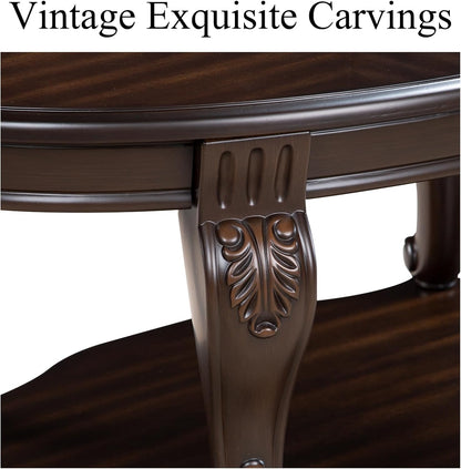 Vintage Small Round End Table 22" Wood Side Table, Antique Table Legs with Elegant Carvings, Easy Assembly,Espresso