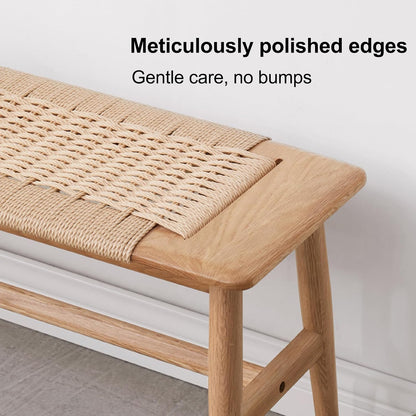 100% Solid Oak Farmhouse Entryway Bench, Wooden Bench Indoor with Hand Woven Rope Surface Design, Wood Bench for End of Bed with Solid Structure(Natural, 43.31" Wx11.81 Dx15.98 H)