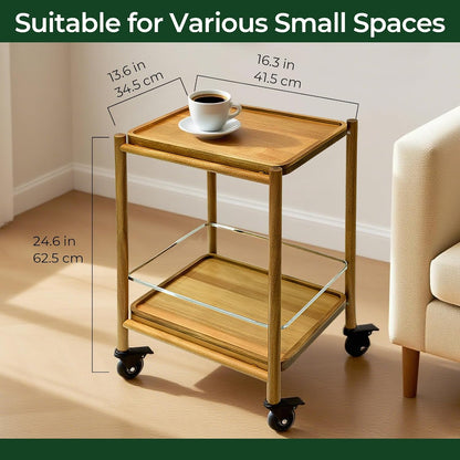 Acacia Wood Rolling Side Table, 2-Tier with Lockable Wheels & Removable Tray, Sturdy Durable for Bar Cart, Nightstand, End Table, Sofa Table