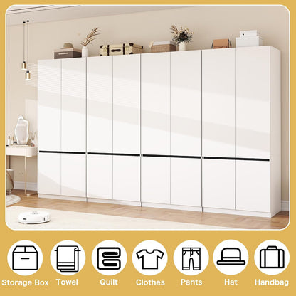 White Armoire Wardrobe Closet: 74" Wooden Wardrobe Closet with 8 Doors, Bedroom Armoires with Hanging Rod, Tall Closets Cabinet for Hanging Clothes (126")