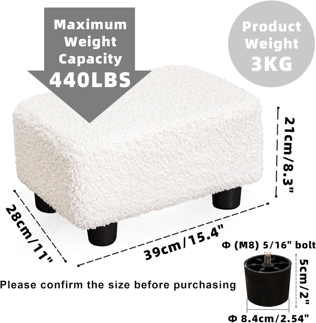 CAROLMADE Small Foot Stool Ottoman Footstool with Legs Under Desk Footrest for Living Room Bedroom and Office, Soft Ivory White