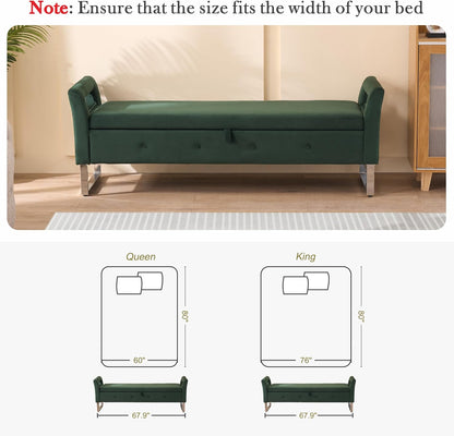Aoiy & Wifon 67.91" W King Size Bench for End of Bed, Upholstered End of Bed Storage Bench with Metal Legs for Bedroom, Velvet (Green)