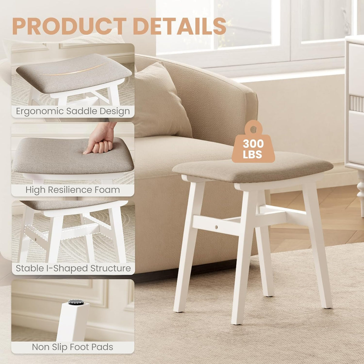 Solid Wood Small Vanity Stool Chair, Makeup Stools for Vanity Desk, Bathroom Vanity Chair, Padded Foot Stool for Living Room, Ottoman Foot Rest for Couch, Small Bench for Entryway, White