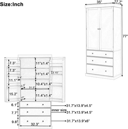 Bellemave Large Kitchen Pantry Freestanding Cupboard Storage Cabinet with 3 Adjustable Shelves, 8 Door Shelves, 3 Drawers High Kitchen Buffet Cabinet for Living Room, Kitchen (Grey)