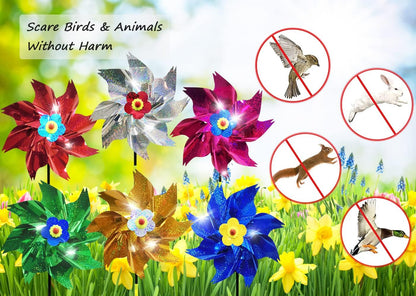 Sparkly Reflective Pinwheels with Stakes, Colorful Wind Spinners Outdoor Bird Scare Devices, Foil Pin Wheel Holographic Whirl Windmill for Yard Garden Decor Garden Wind Spinner 6 Packs