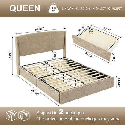 VELOCAVA Queen Storage Bed Frame with Curved Wingback Headboard, Linen-Look Upholstered Platform Bed Frame with 4 Pull-Out Drawers, Wood Slat Support, No Box Spring Needed, Beige