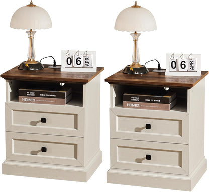 24.5" Farmhouse Night Stand Bedside Table with 3 Drawer for Bedroom | Set of 2 Wood Nightstand End Table with Open Shelf Outlet and USB for Bedroom, Closet, Antique White