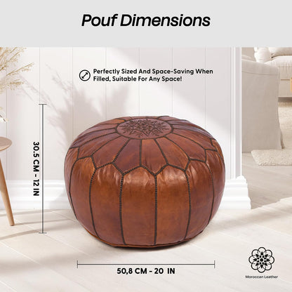 Moroccan Leather Handmade Pouf Ottoman Cover, Unstuffed Foot Stool, Round Boho Footrest for Living Room, Bedroom, Home Decor Gift (Dark Tan By Brown)