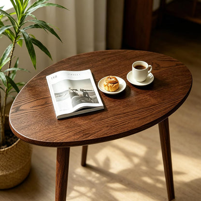 Walnut Oval Side Table, 17.5''D x 25.6''W x 19.7''H, Mid Century Modern Small Coffee Table with 3 Tapered Legs, Solid Oak Wood for Small Spaces, Living Room, Apartments, Easy Assembly