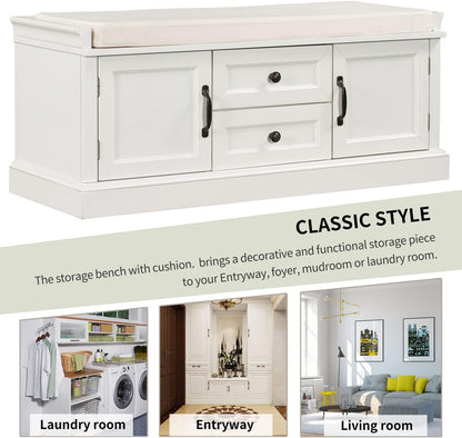 GDFStudio Jasd 42.50" Storage Bench with 2 Drawers and 2 Cabinets, Shoe Bench with Removable Cushion, Solid Wood Frame Storage Ottoman, Rectangular Cabinet Shoe Seat for Living Room Entryway, White