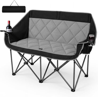 Double Camping Chair for 2 Persons, Oversized Folding Loveseat Camping Chair with Cup & Wine Holders, Heavy Duty 750LBS Support, Portable Camping Couch for Outdoor, Lawn, Beach, Black+Grey