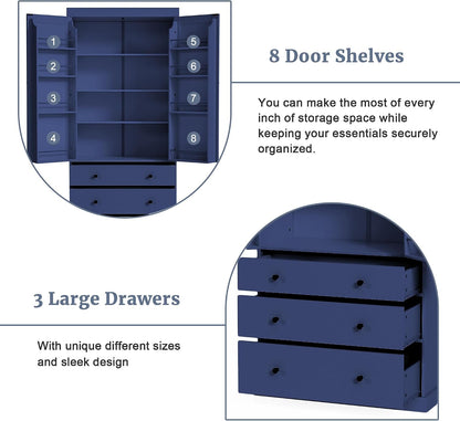 Pantry with 8 Door Shelves and 3 Drawers, 77inch Farmhouse Freestanding Tall Cupboard Storage Cabinet with 3 Adjustable Shelves for Kitchen Room (Blue)